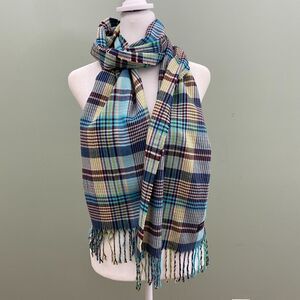 Cashmere Scarf Green Plaid Made in Scotland Fringe Long Lightweight Preppy